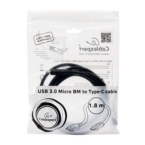 Кабель USB3.0 Gembird/Cablexpert CCP-USB3-mBMCM-6 microBM/USB Type-C, 1,8 м, черный