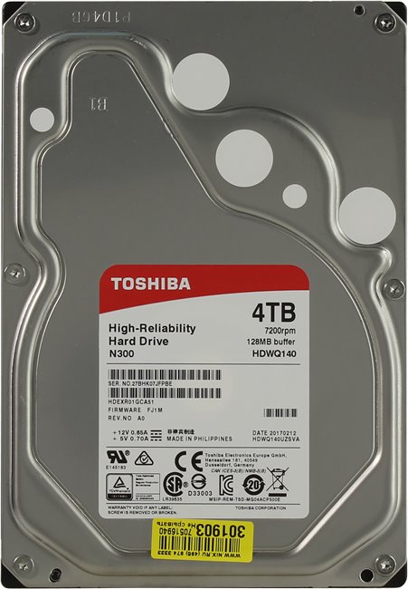 Жесткий диск 4Tb Toshiba N300 HDWQ140UZSVA (SATA 6Gb/s, 7200 rpm, 128Mb) NAS