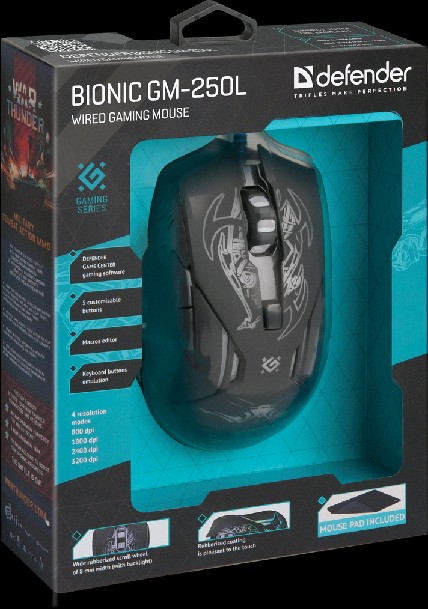 Мышь проводная игровая  Defender Bionic GM-250L оптика,6кнопок,800-3200dpi