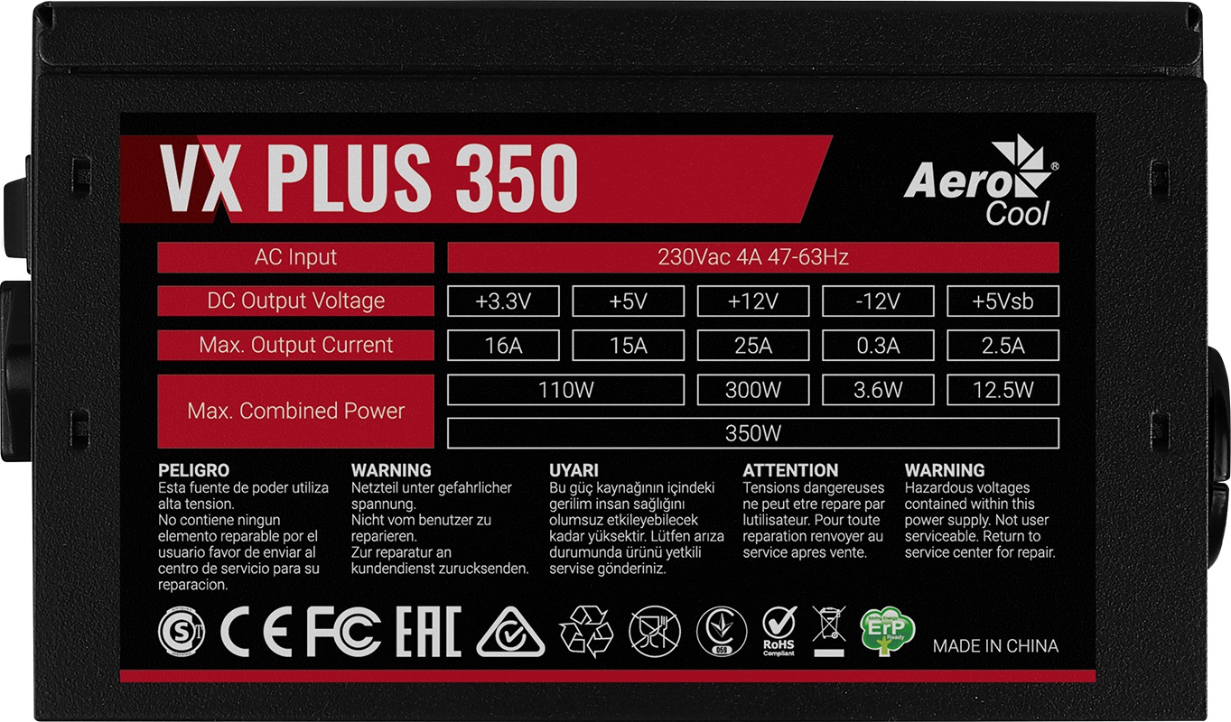 Блок питания Aerocool VX 350 PLUS (ATX 2.3, 350W, 120mm fan) Box