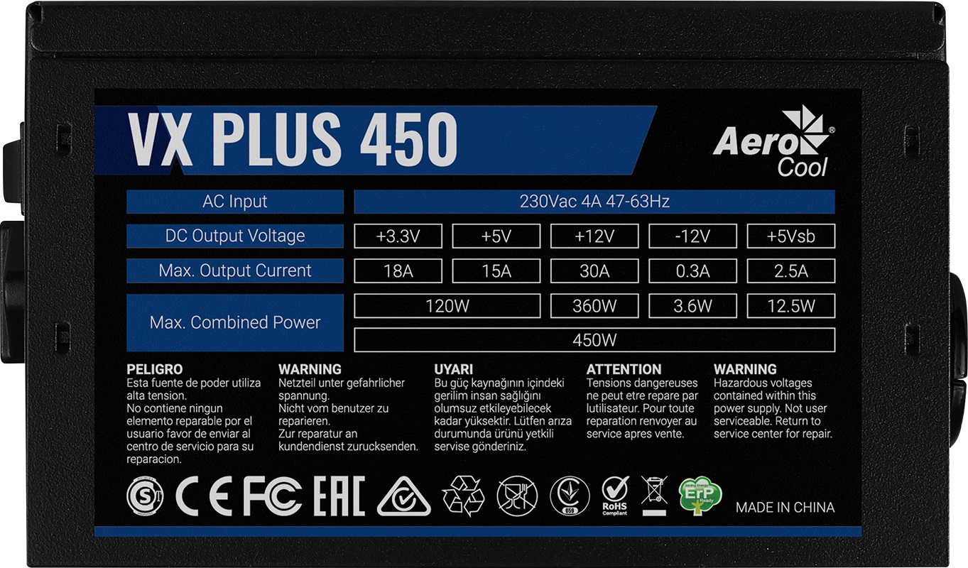 Блок питания Aerocool VX 450 PLUS (ATX 2.3, 450W, 120mm fan) Box