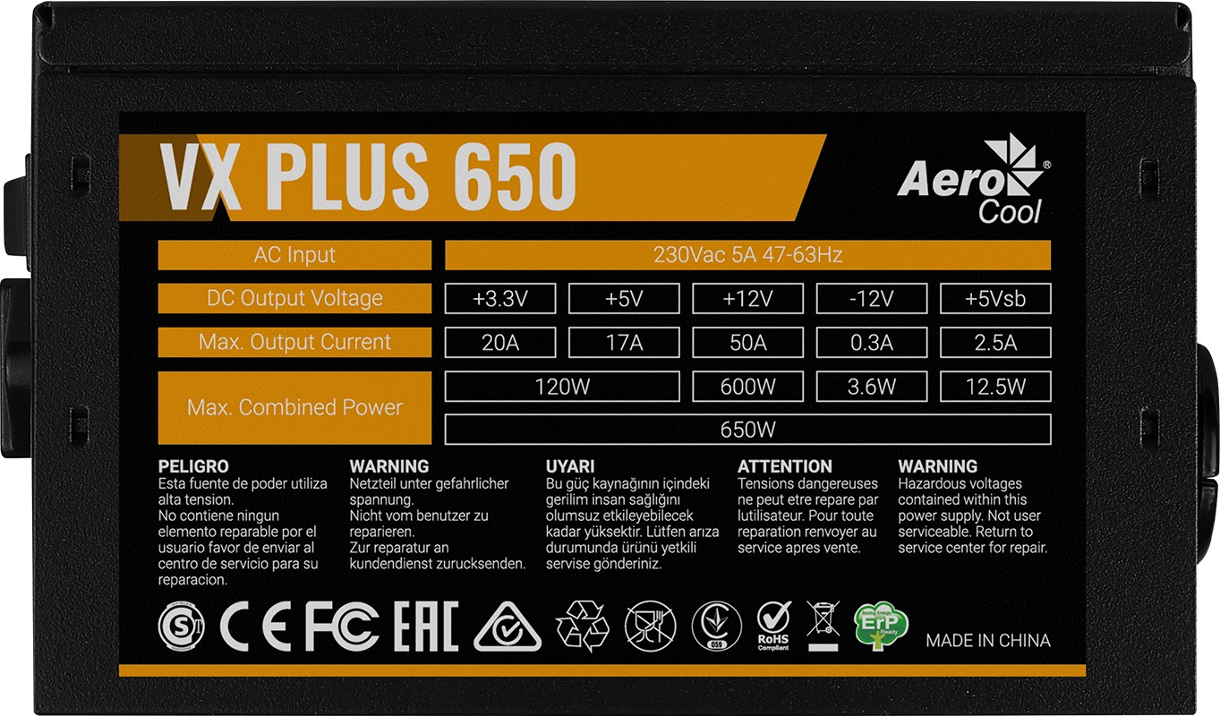Блок питания Aerocool VX 650 PLUS (ATX 2.3, 650W, 120mm fan) Box