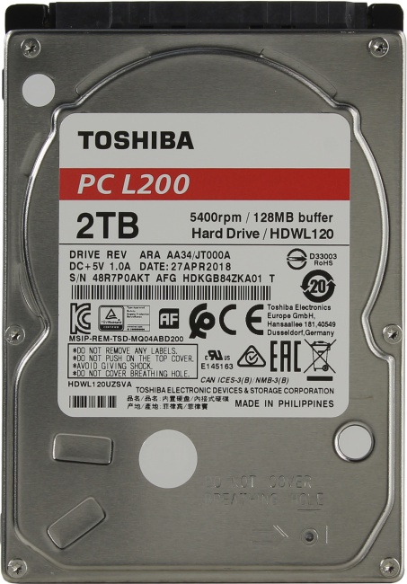 Жесткий диск 2,5" 2Tb Toshiba L200 HDWL120UZSVA (SATA 6Gb/s, 5400 rpm, 128Mb, 9.5mm)