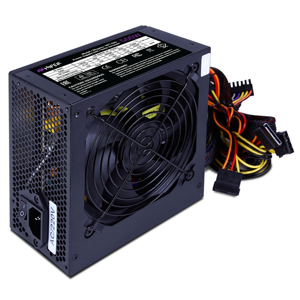 Блок питания HIPER HPT-500 (ATX 2.31, 500W, Passive PFC, 120mm fan, power cord, черный) OEM
