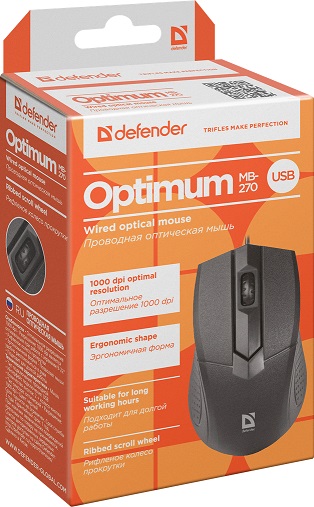 Мышь проводная  Defender Optimum MB-270 USB B(Черный) 2кн+кл 1000dpi  (52270)