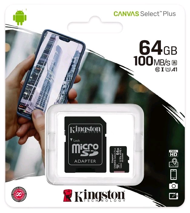 Карта памяти MicroSDXC 64GB  Kingston Class 10 UHS-I U1 Canvas Select Plus + адаптер  [SDCS2/64GB]