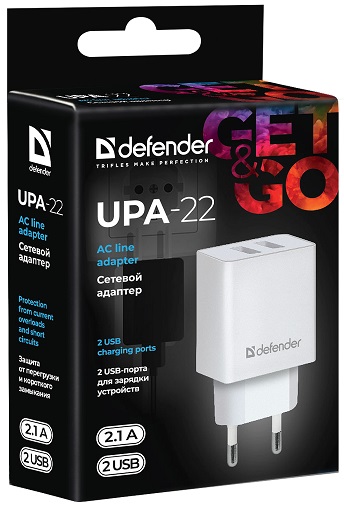 Сетевой адаптер Defender UPA-22 белый, 2xUSB, 2.1А  (83580)