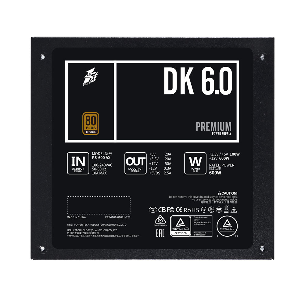 Блок питания 1STPLAYER DK PREMIUM 600W / ATX 2.4, APFC, 80 PLUS BRONZE, 120mm fan / PS-600AX