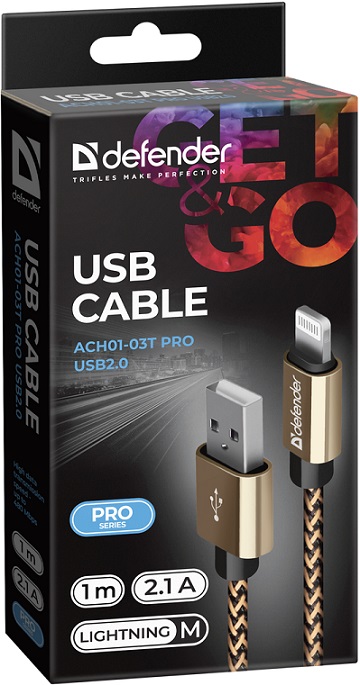 Кабель Defender USB2.0 AM-LightningM ACH01-03T PRO  Золотой, 1m, 2.1A  (87806)
