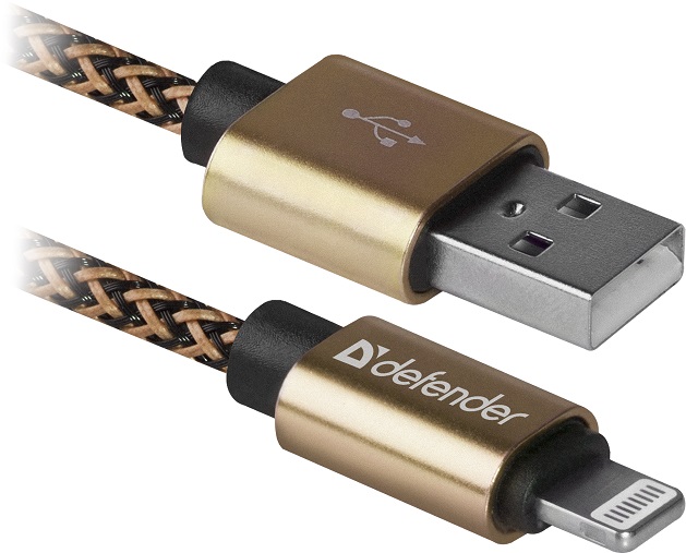 Кабель Defender USB2.0 AM-LightningM ACH01-03T PRO  Золотой, 1m, 2.1A  (87806)