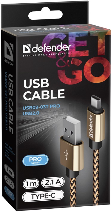 Кабель Defender USB2.0 AM-Type-C USB09-03T PRO  Золотой, 1m, 2.1A  (87812)