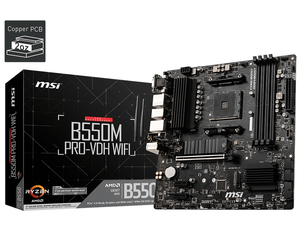 Материнская плата MSI B550M PRO-VDH WIFI / AMD B550 AM4 4xDDR4 2xM.2 4xSATA D-SUB HDMI DP / mATX