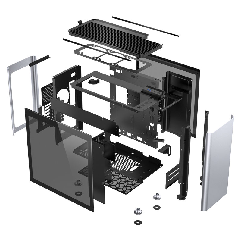 Корпус JONSBO Jonsplus i400-G Silver без БП, боковые панели из закаленного стекла, mini-ITX, micro-ATX, ATX, серебристый