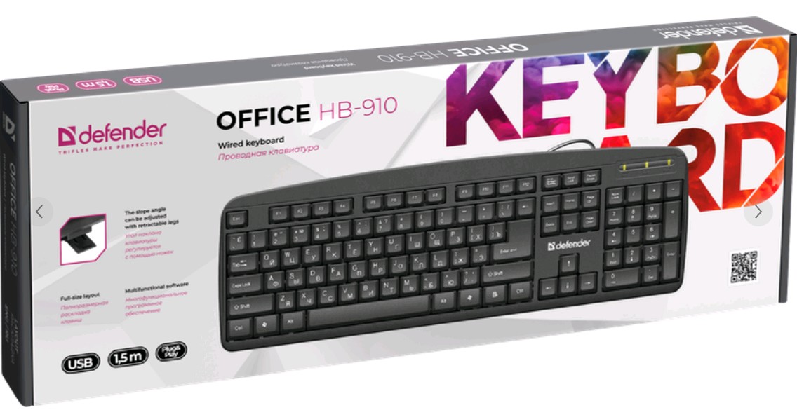 Клавиатура проводная  Defender Office HB-910 RU USB (Черный) 104кн.