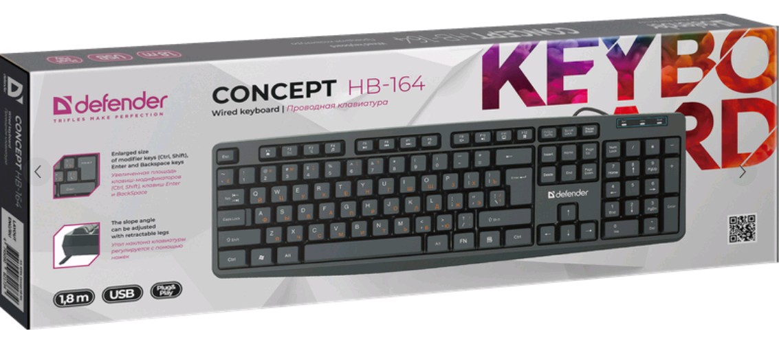Клавиатура проводная  Defender Concept HB-164 RU USB (Черный) 104кн+FN