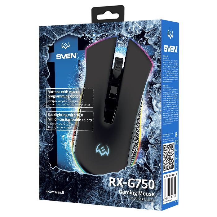 Мышь игровая SVEN RX-G750 / USB / WIRED / 500-6400DPI/ RGB подсветка/ кнопки 5+1/ OPTICAL / BLACK