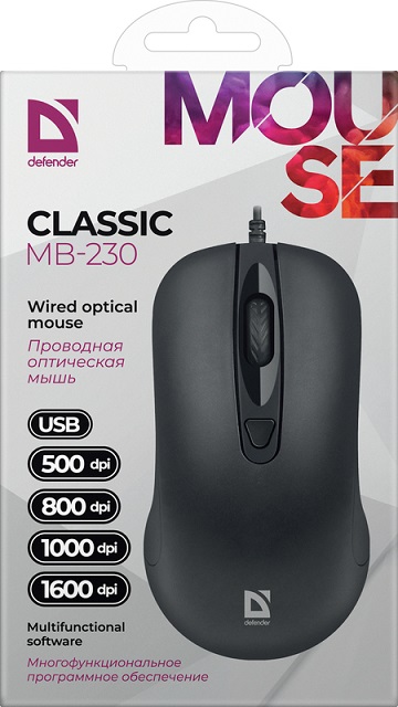 Мышь проводная  Defender Classic MB-230 4кнопки, 500-1600dpi, черный (52231)