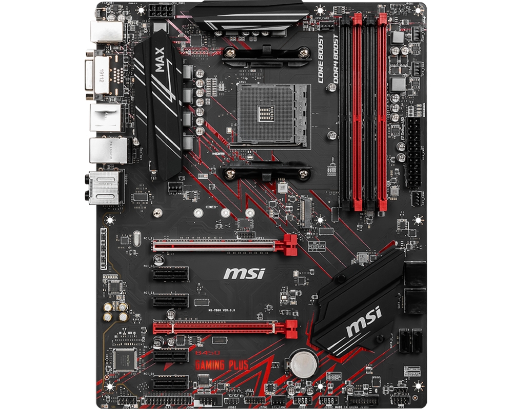 Материнская плата MSI B450 GAMING PLUS MAX / AMD B450 AM4 4xDDR4 1xM.2 6xSATA DVI-D HDMI / ATX