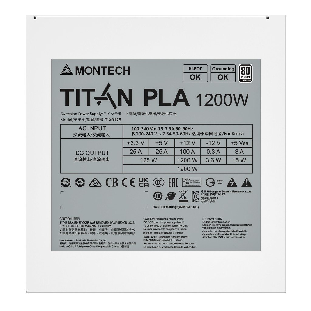 Блок питания Montech TITAN PLA 1200W / ATX 3.1, APFC, 80 PLUS Platinum, Japan caps, 135mm fan, full modular / TIX0126